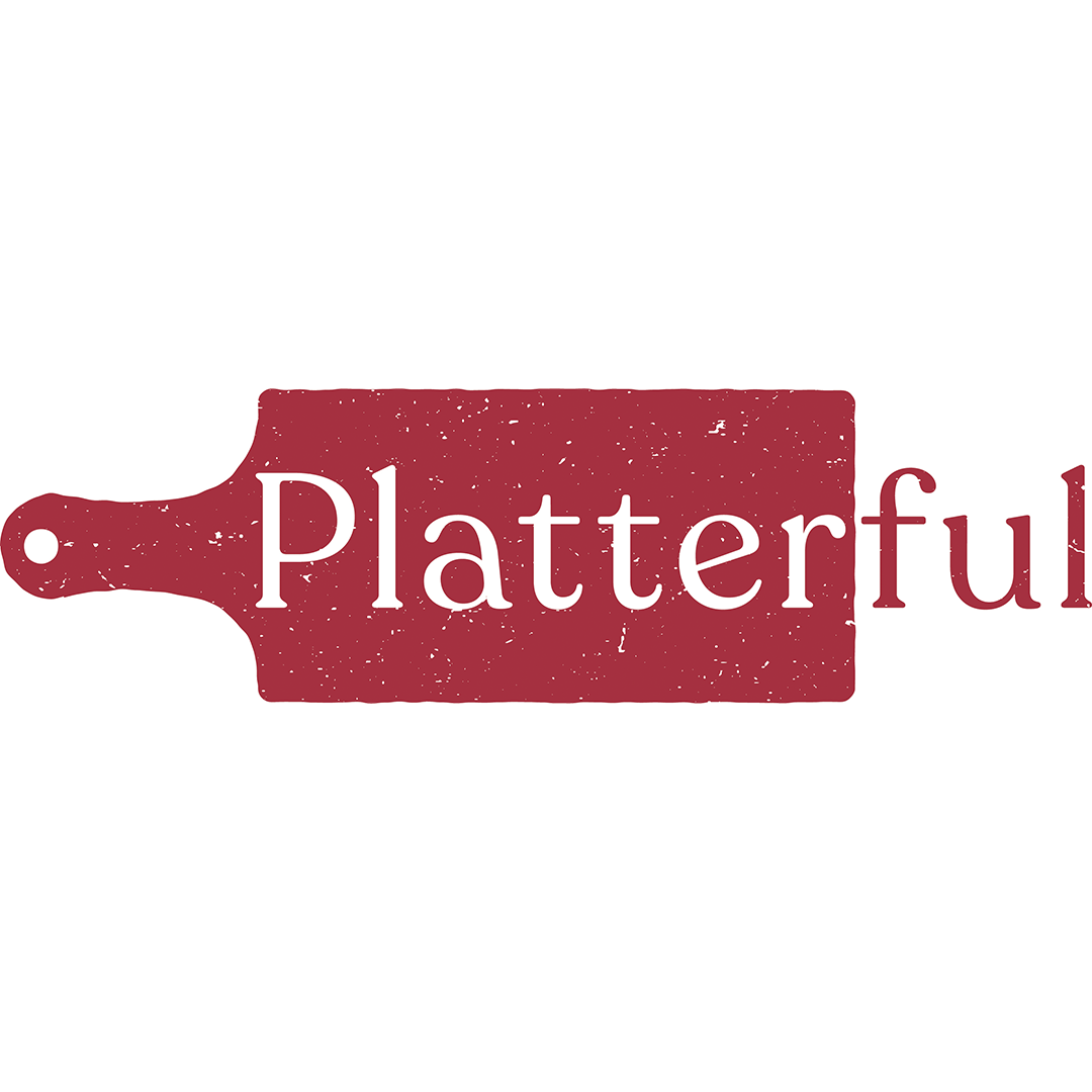 A red cheese board graphic with the word Platterful in white text over it.