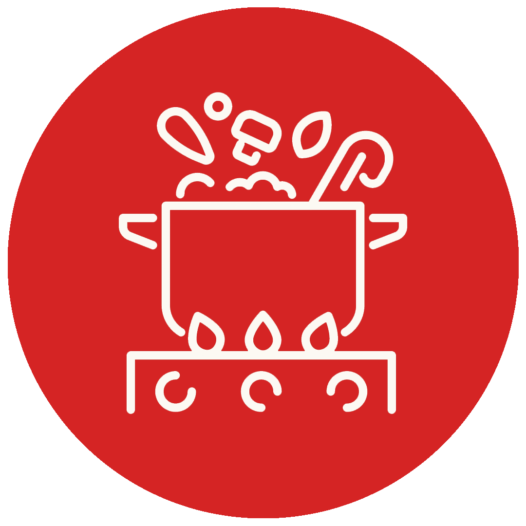 White outline of a cooking pot with food and a spoon on a stovetop, with flames below, set against a solid red circular background.