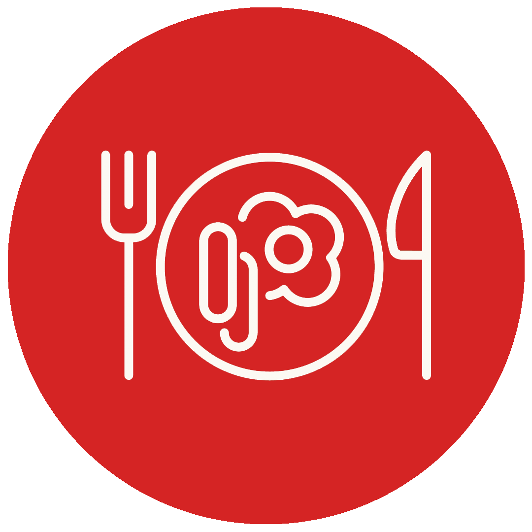 White line drawing of a fork, plate with a sausage and fried egg, and a knife on a red circular background.