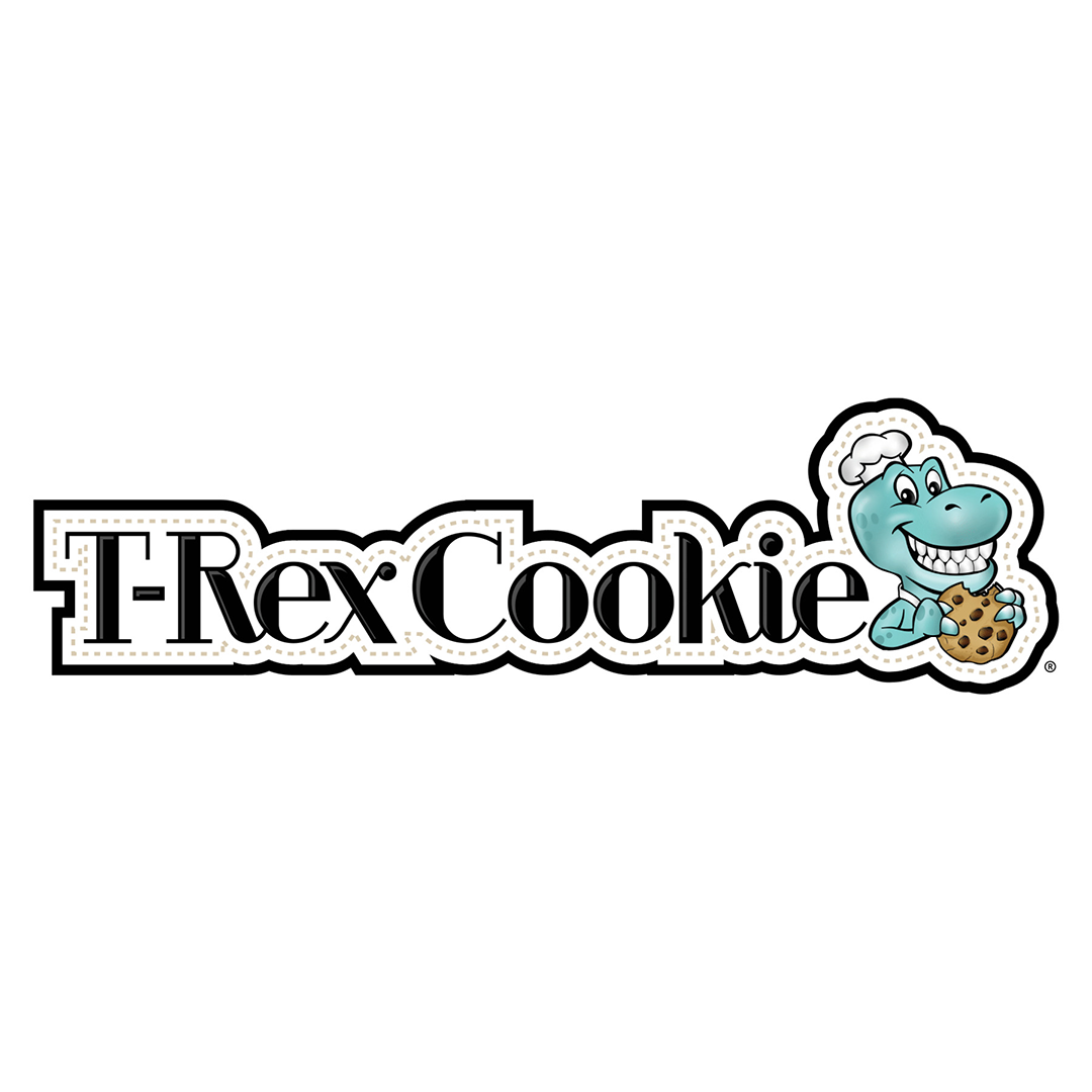 T-Rex Cookie logo with a blue cartoon T-Rex wearing a chef hat, smiling and holding a chocolate chip cookie next to bold text reading T-Rex Cookie..