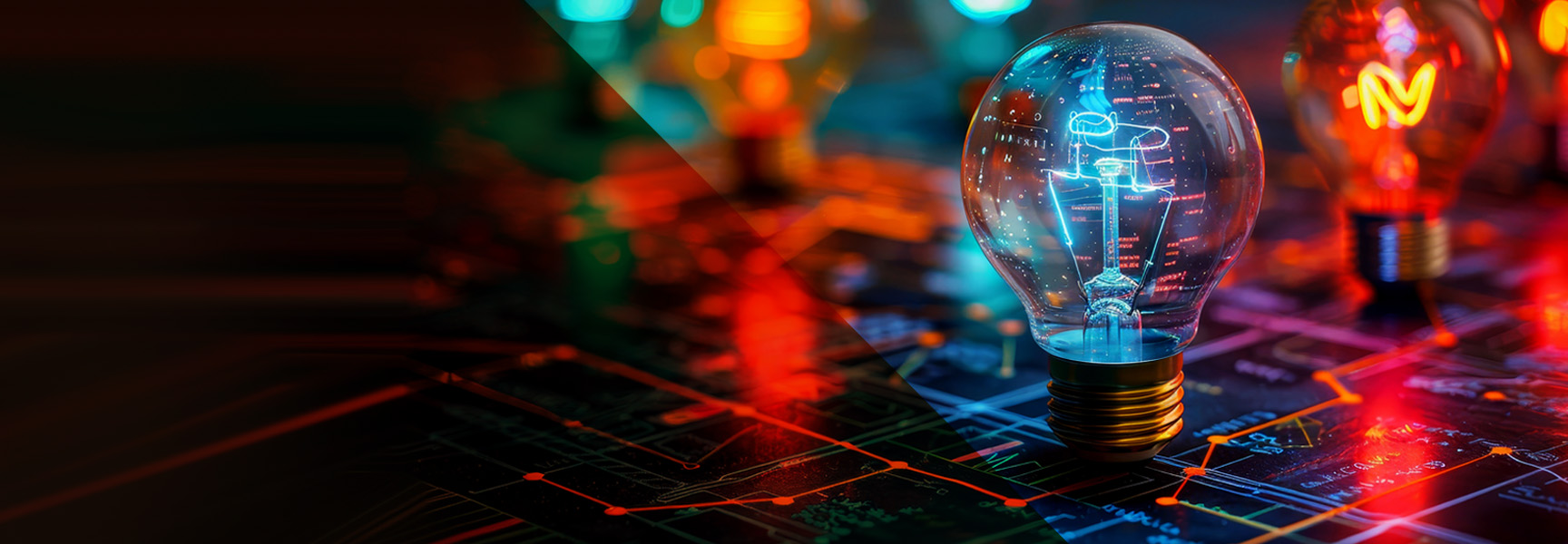A glowing light bulb sits on a circuit board, symbolizing innovation and technology. Other blurred bulbs and colorful, illuminated electronic paths are visible in the background.